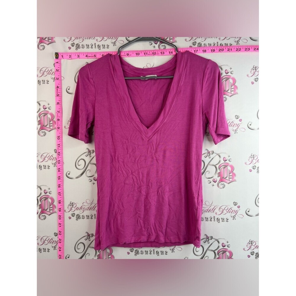 Zara T-shirt tee deep V-Neck Short Sleeve Top - Bright Fuchsia pink purple